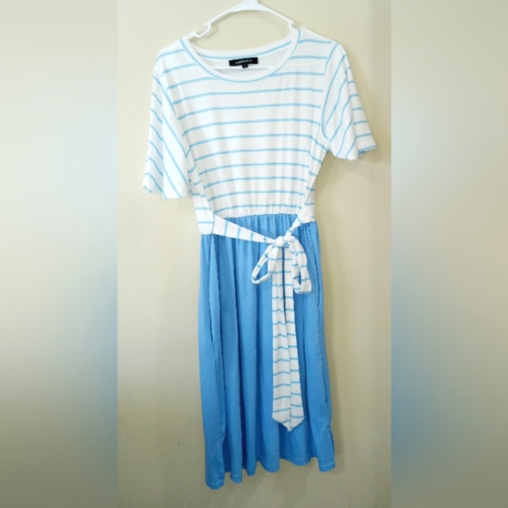 blue pattern midi dress